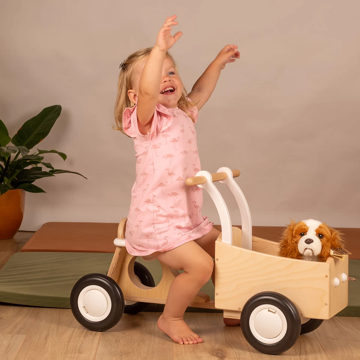 Houten Bakfiets Retro Wit Loopfiets VanDijkToys - Afbeelding 3