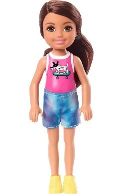 Barbie Pop Chelsea Met Bruin Haar En Top Met Hondje Op Skateboard